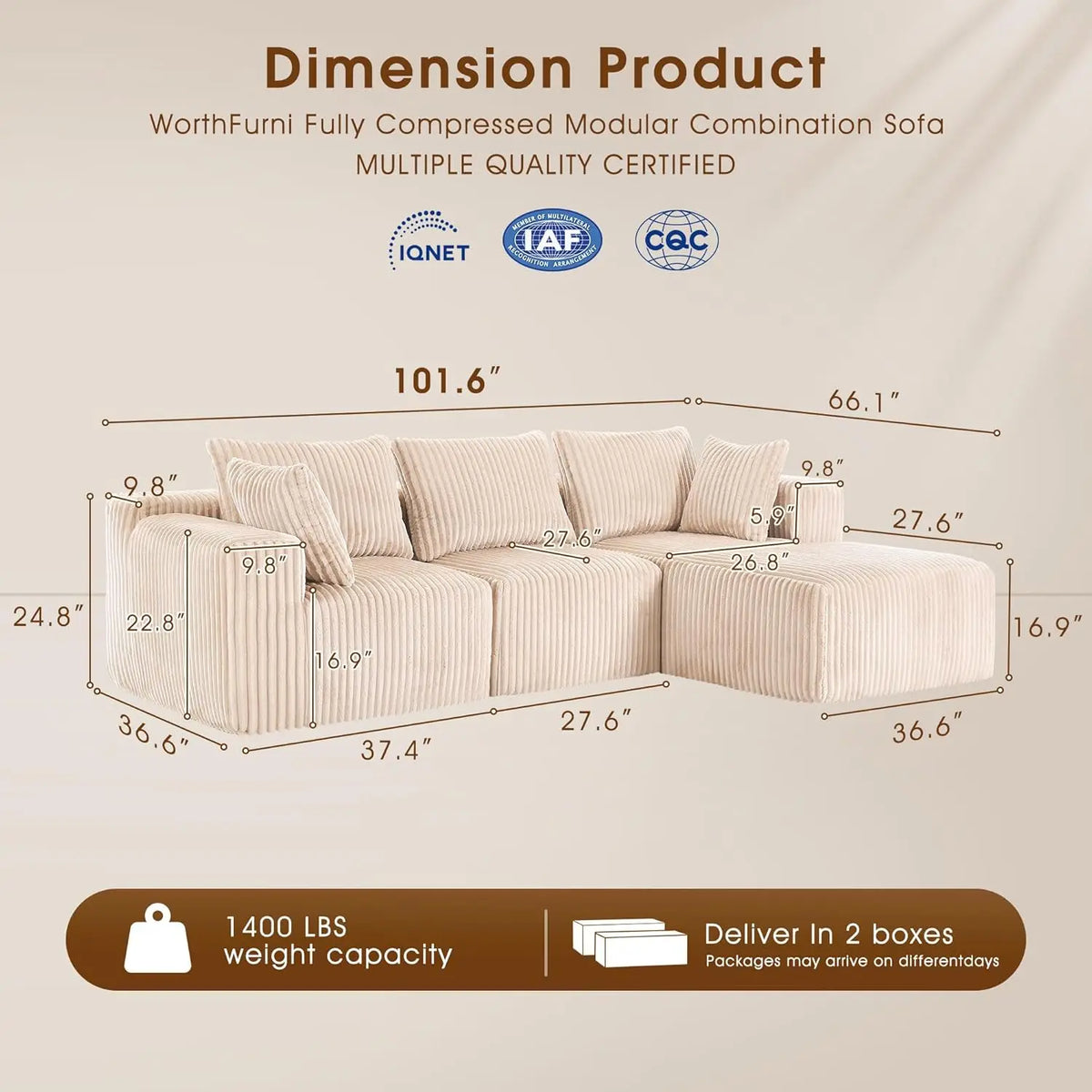 Modular Sectional with L-Shape Chaise, Cloud Sofa Living Room Bedroom Upholstered Sofa - No Installation - Plush Corduroy Fabric