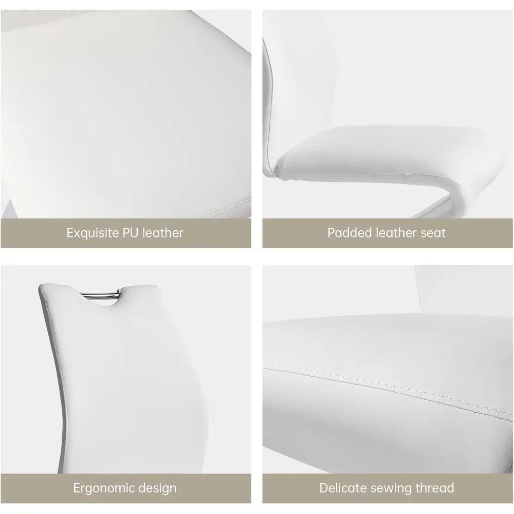 Pair of Modern White PU Leather Upholstered Dining Chairs with Metal Legs for Kitchen or Dining Room