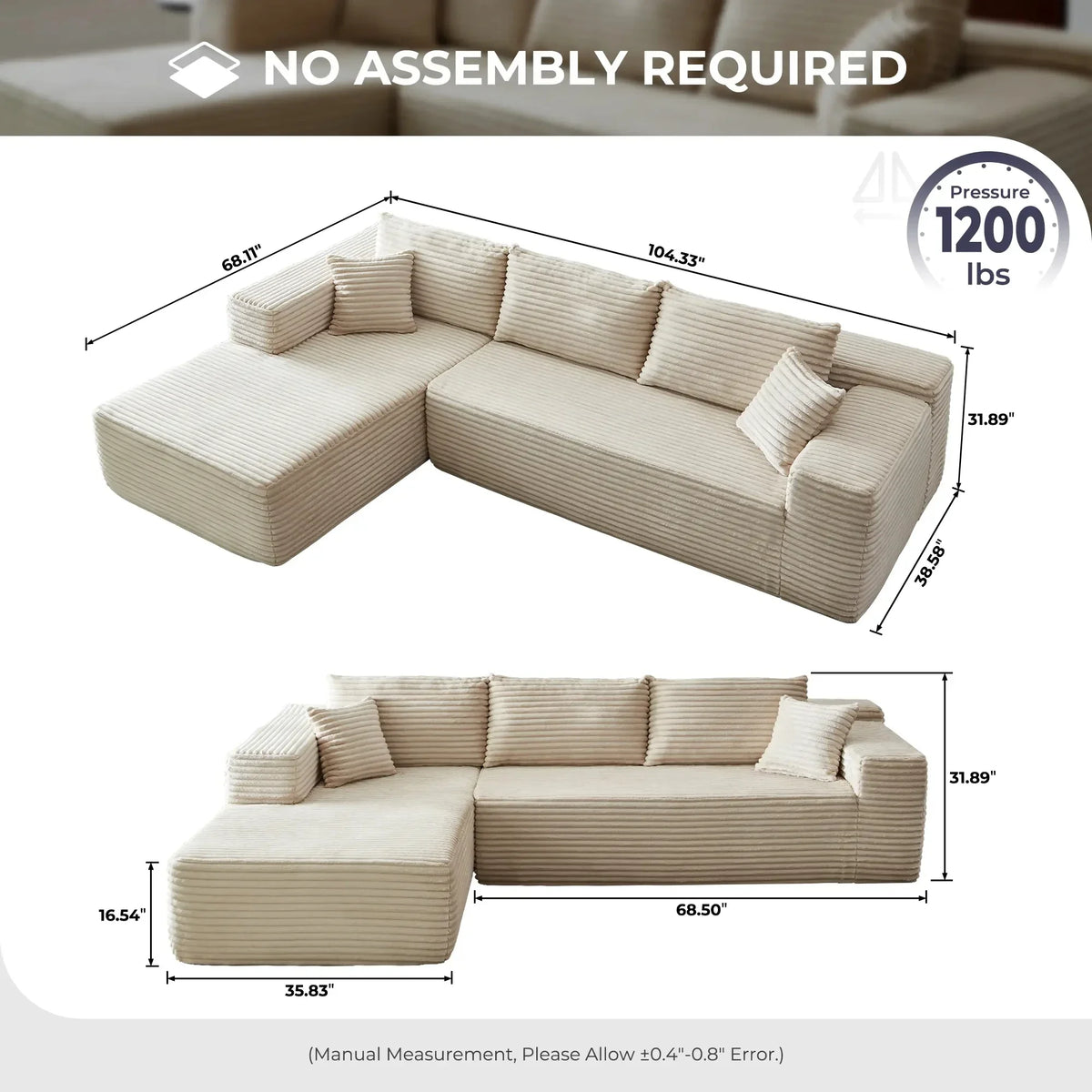 Modular Sectional Sofa Couch Compression Packing Sofa L-Shape Modular Sectional Sofa With Chaise No Assembly Required