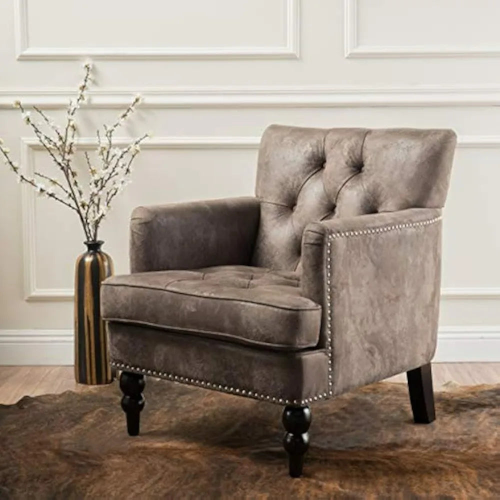 "medford brown upholstered club chair with fabric accents and nailhead trim"