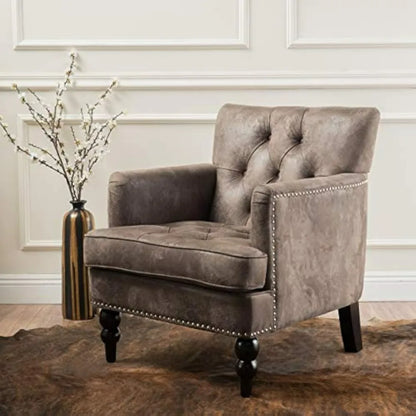 "medford brown upholstered club chair with fabric accents and nailhead trim"