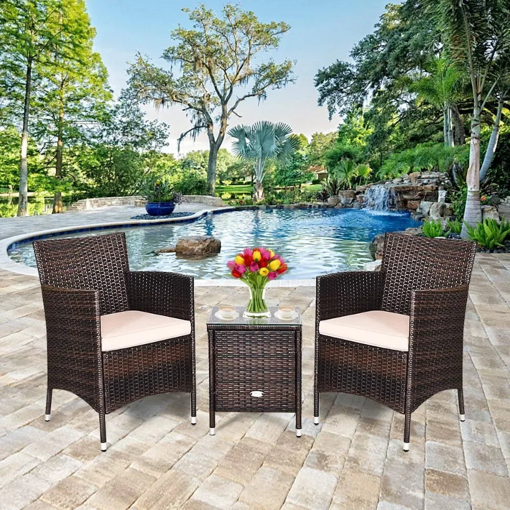 3 Piece Patio Set Wicker Rattan Furniture Set Outdoor Rattan Conversation Set with Coffee Table Chairs & Thick Cushio