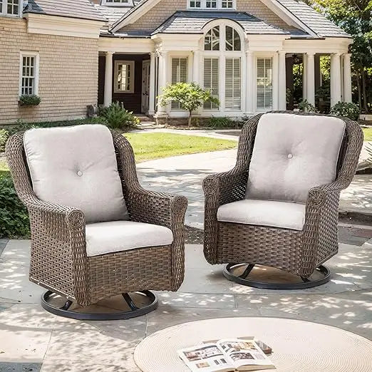 Patio Swivel Chairs Set of 2-High Back Swivel Rocker Outdoor Chair Patio Chair for Deck Porch Lawn Garden Backyard-Brown/Beige