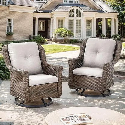 Patio Swivel Chairs Set of 2-High Back Swivel Rocker Outdoor Chair Patio Chair for Deck Porch Lawn Garden Backyard-Brown/Beige