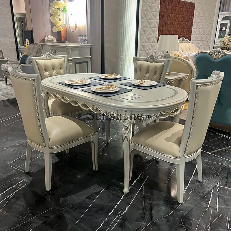 European solid wood oval rectangular dining table and chairs combination luxury restaurant French 6 people gold foil
