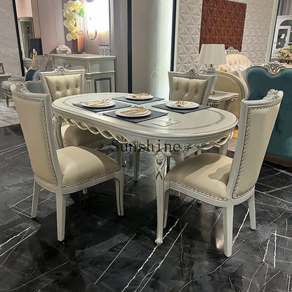 European solid wood oval rectangular dining table and chairs combination luxury restaurant French 6 people gold foil