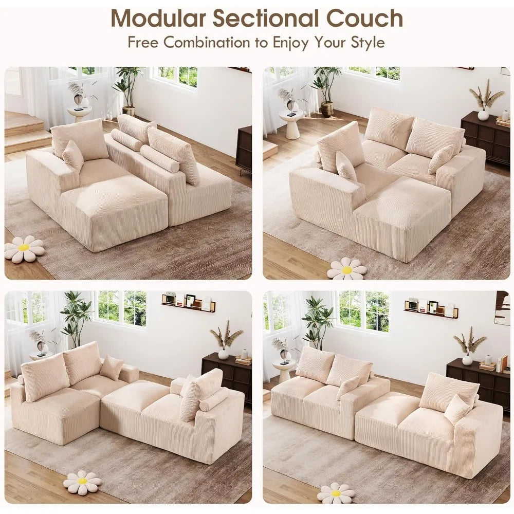 Modular Cloud Sectional Sofa, Comfort Height & Neck Pillow, Modern Corduroy Couch with L-Shape Oversized ChaiseCustomized