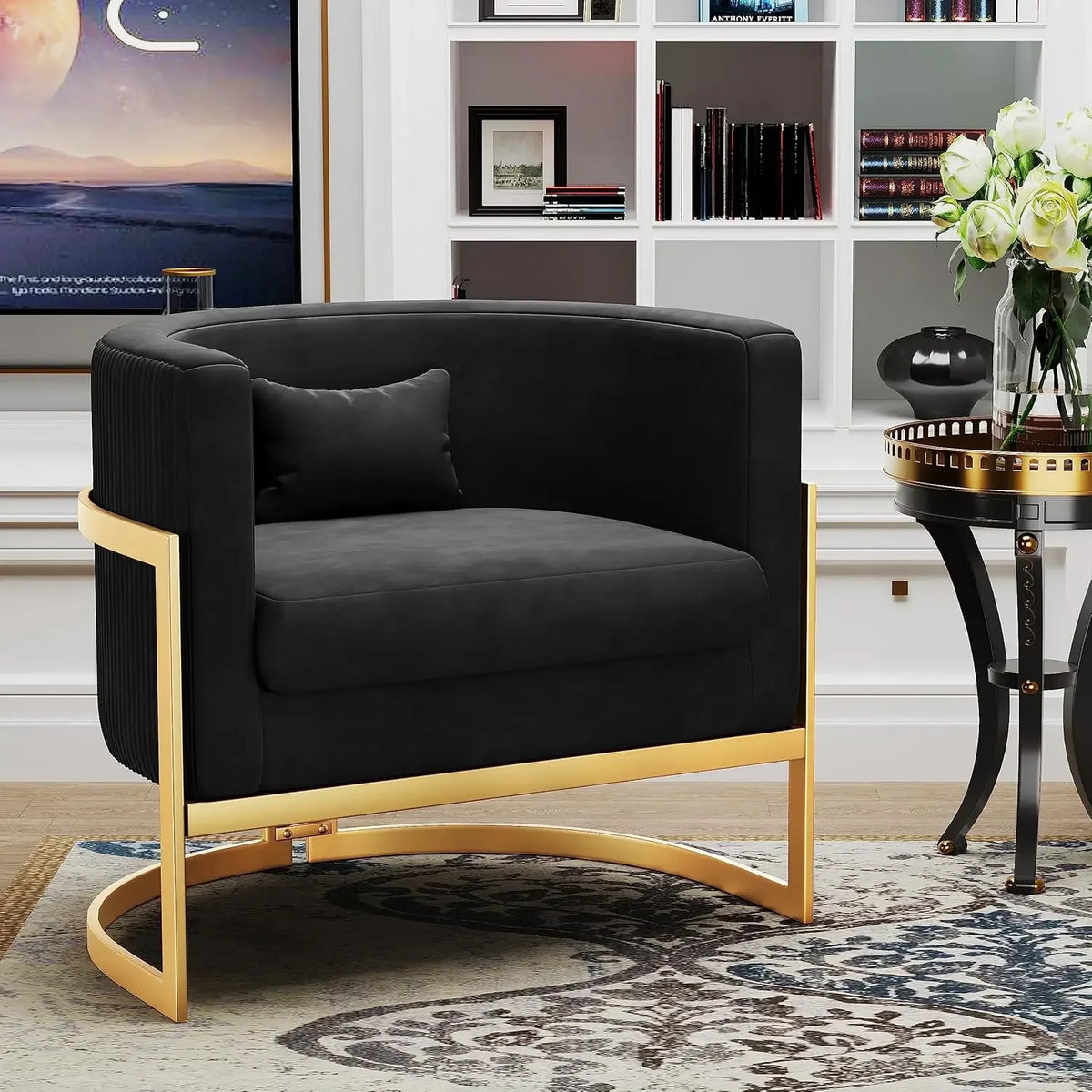 Modern Barrel Armchair for Bedroom, Living Room, or Vanity Corner Velvet Upholstered Accent Chair with Gold Frame