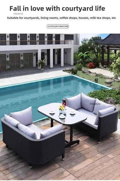 Nordic Outdoor Garden Sofas Leisure PE Rattan Garden Terrace Sofa Chair Set Courtyard Balcony Double Sofa Outdoor Furniture GG A