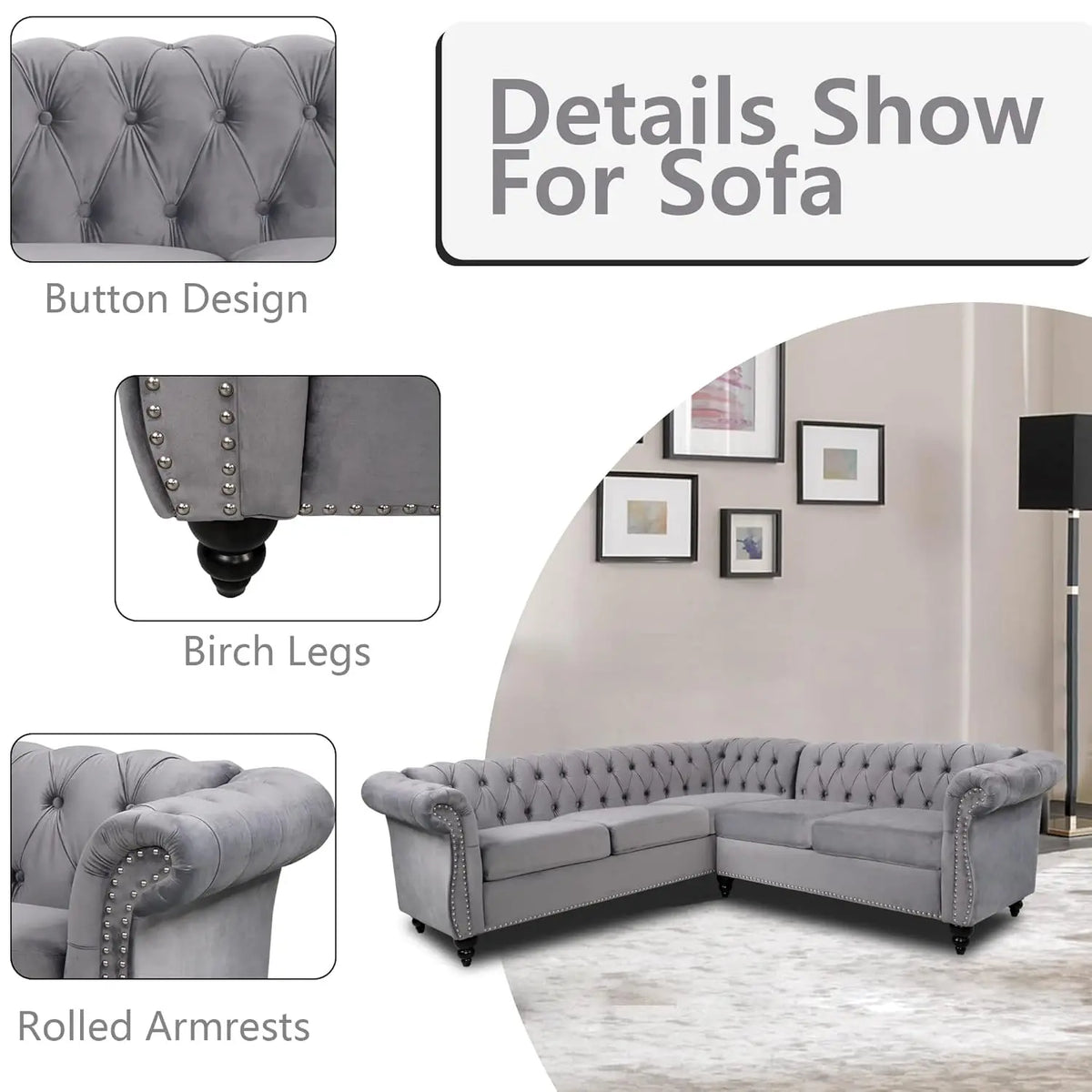 L-Shaped Sofa, Sectional Chesterfield Couch 5-Seater Velvet Upholstered Small Accent Tufted Sofa with Rolled, Customized