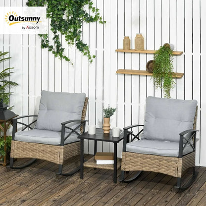 Outdoor Wicker 3-Piece Patio Rocking Chair Set with Cushioned Rockers and 2-Tier Coffee Table for Garden Use