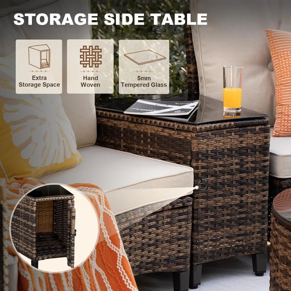 PatioLix 9 Piece Outdoor Patio Furniture Set, Half-Moon Curved Sectional Sofa Rattan Conversation Set with Wood Armrests, Coffee Table