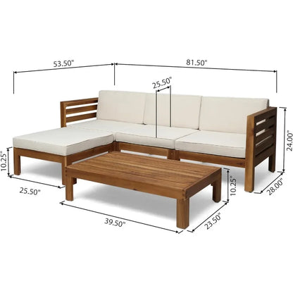 L # Alice Outdoor 5 Piece Acacia Wood Sofa Set, Teak Finish, Beige