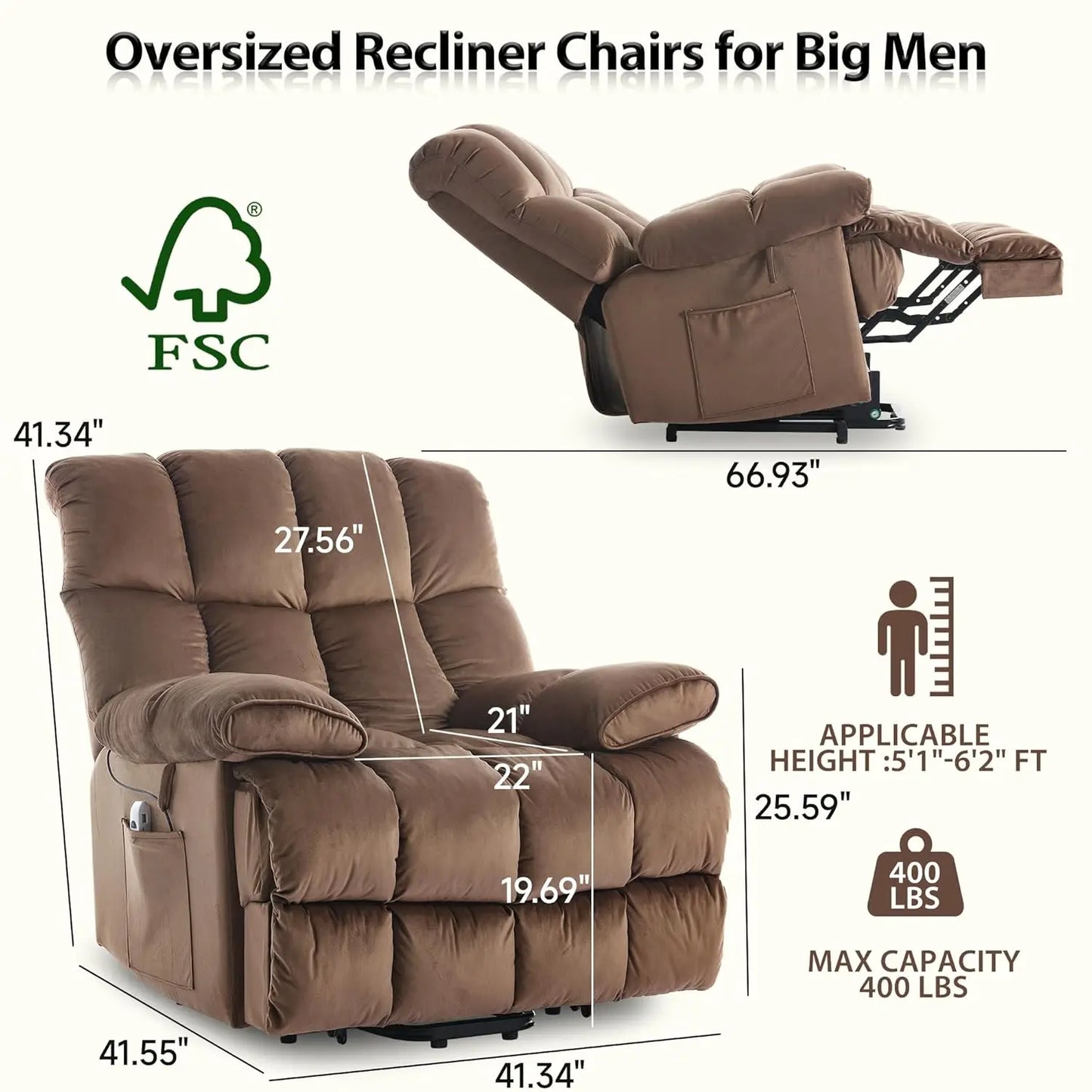 Electric Velvet Power Lift Recliner Chair with Heat Massage And Side Pockets for Elderly Home Theater Seating Customized Comfort
