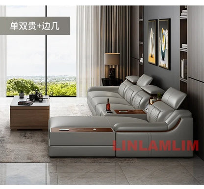 Modern U-Shaped Sectional Sofa Set with Chaise Lounge, Genuine Leather Couch with Storage Table, USB – Big Living Room Furniture