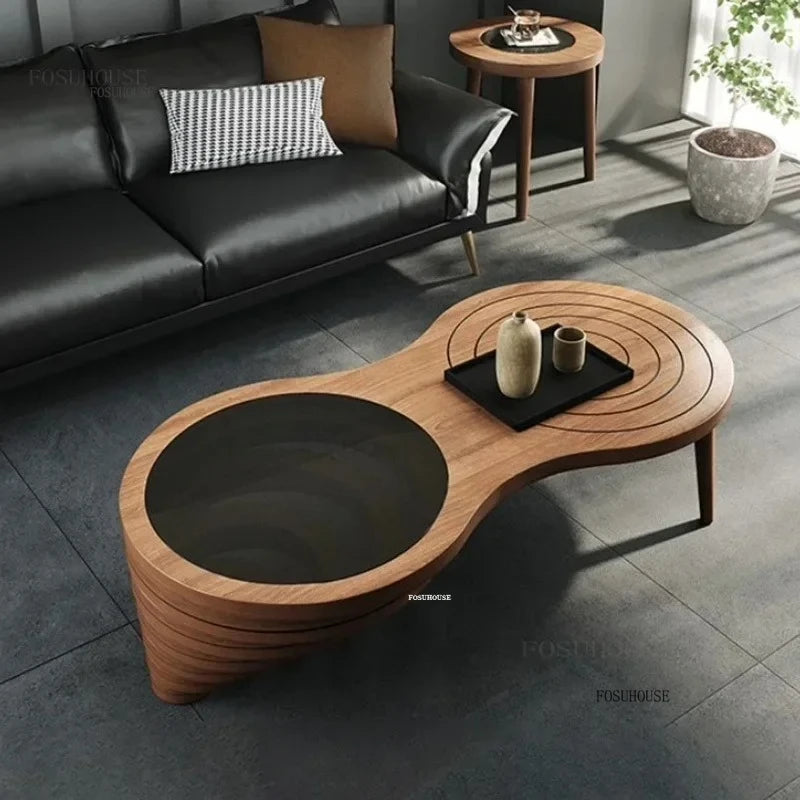 Tables basses design en bois massif, meubles de salon de luxe pour la maison, Table d'appoint de canapé, Table centrale ronde moderne en verre trempé