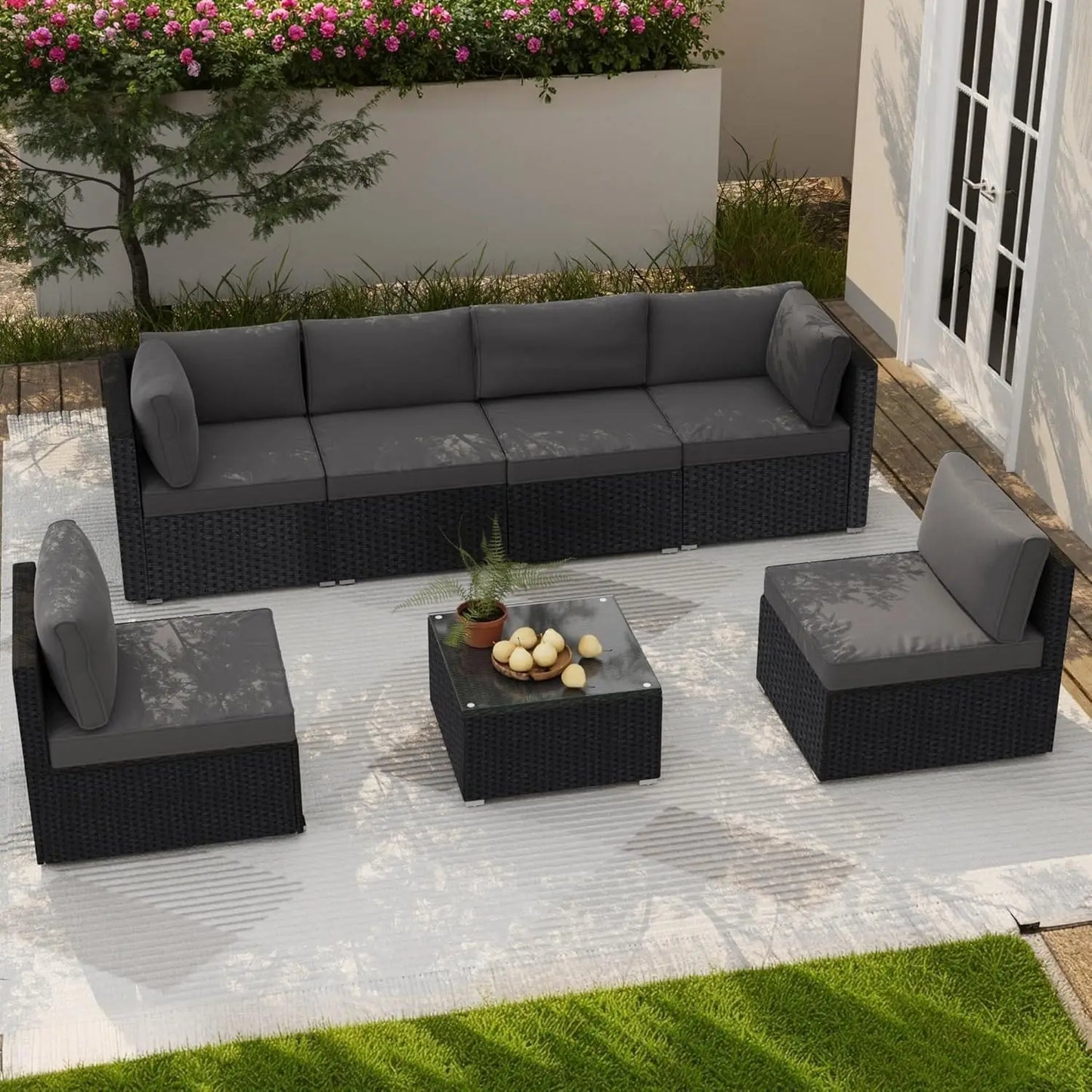 7pc All-Weather Wicker Sectional Sofa Set Modular Rattan Conversation Thick Cushions Glass Table Backyard Poolside Deck Custom