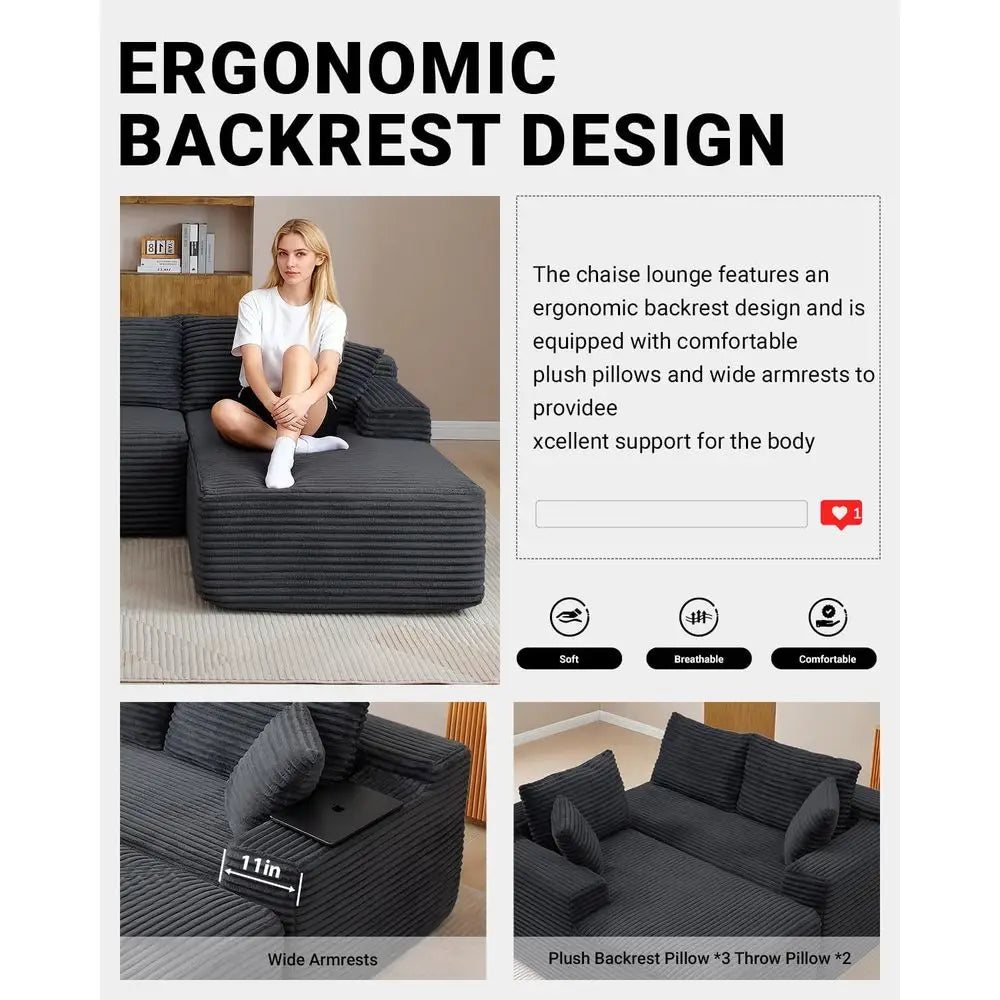Modern 108 L-Shape Sectional Sofa, Deep Seated Cloud Couch, Corduroy Fabric, Black, Right Chaise, Living Room Furniture, No Asse