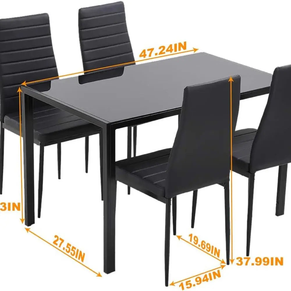 Dining Room Table Set 5-Piece Kitchen with 4 Faux Leather Metal Frame Chairs Rectangular Modern for Small Spaces w/Glass Tableto