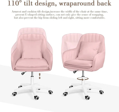 Mid Back Velvet Vanity Chair Swivel Rolling Desk Chair with Wheels, Modern Upholstered Makeup Chair for Women Girls, Computer Ta