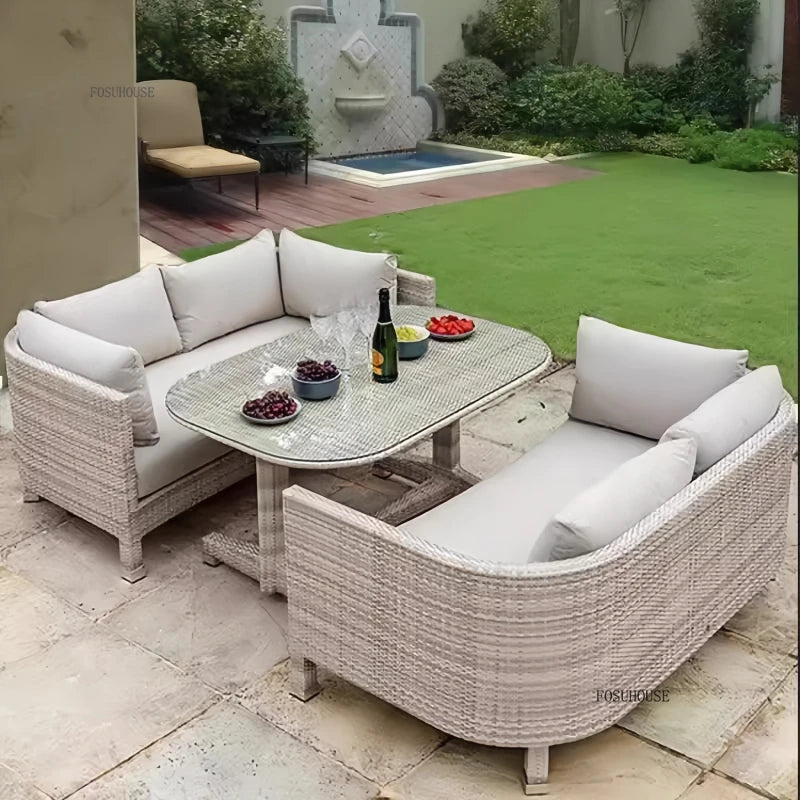 European Outdoor Garden Sofas Leisure PE Rattan Garden Terrace Sofa Chair Set Courtyard Balcony Double Sofa Outdoor Furniture AA