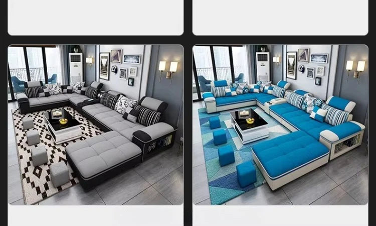 Modern simple living room sofa set U-shaped sleepable luxury cloth sofa villa large combination corner function sofa