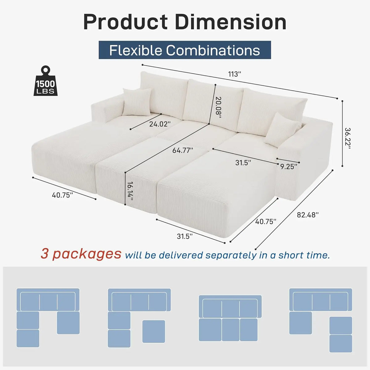 Sectional Cloud Boneless Sofa Bed Couches for Living Room-113'' Beige 3 Seater Modern Lounge Sleeper Couch-No Assembly-Modular C