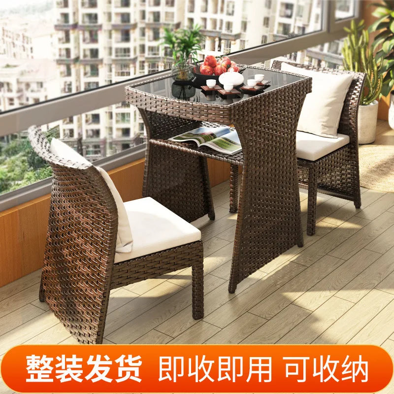 Balcony Small Table and Chair Tea Table and Chair Kit Outdoor Garden Combination Leisure Storage Rattan Knitting Small Table and