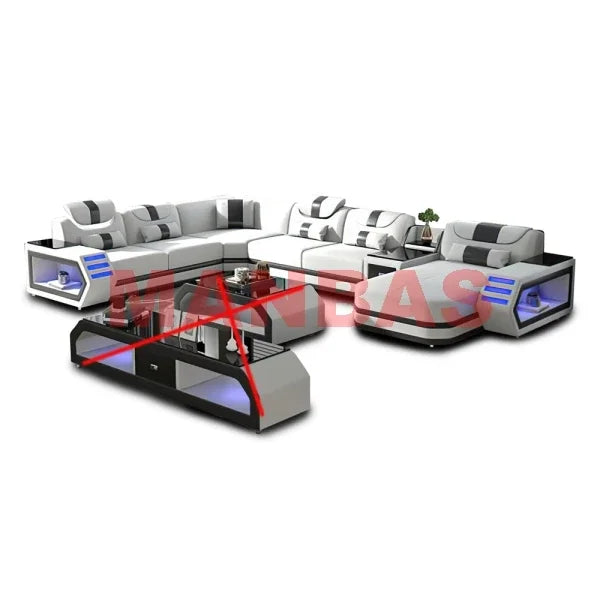 Modern LED Light Genuine Leather Sectional Sofa Set with Storage Shelves, USB Charging Ports, Cup Holder and Contemporary Design