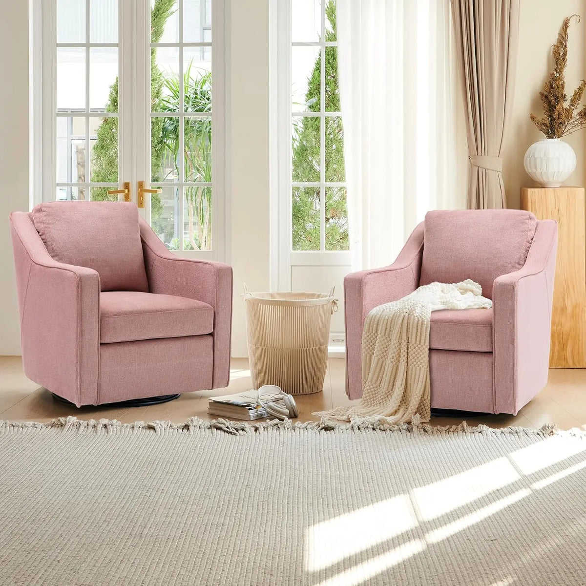 Swivel Accent Chair, 360° Rotation Chenille Fabric Upholstered Leisure Armchair with Lumbar Pillow for Living Room Bedroo