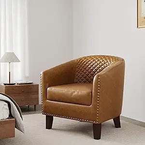 Accent Chair, Upholstered Faux Leather Barrel Chair with Nailed Trim, Comfy Club Armchair for Reading Living Room Bedroom Waitin