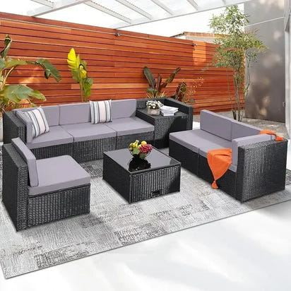 QAZ8-Q8 pieces outdoor Wicker rattan patio sectional furniture set.glass top table with hidden storage.7 sofa sections. oversize