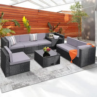 QAZ8-Q8 pieces outdoor Wicker rattan patio sectional furniture set.glass top table with hidden storage.7 sofa sections. oversize