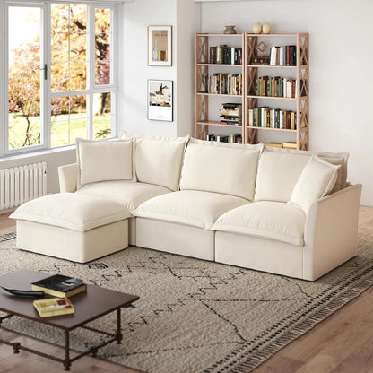 L-Shaped Modular Sectional Sofa Removable Slipcover Cloud 3-Seater Movable Ottoman Chenille Living Room Customized