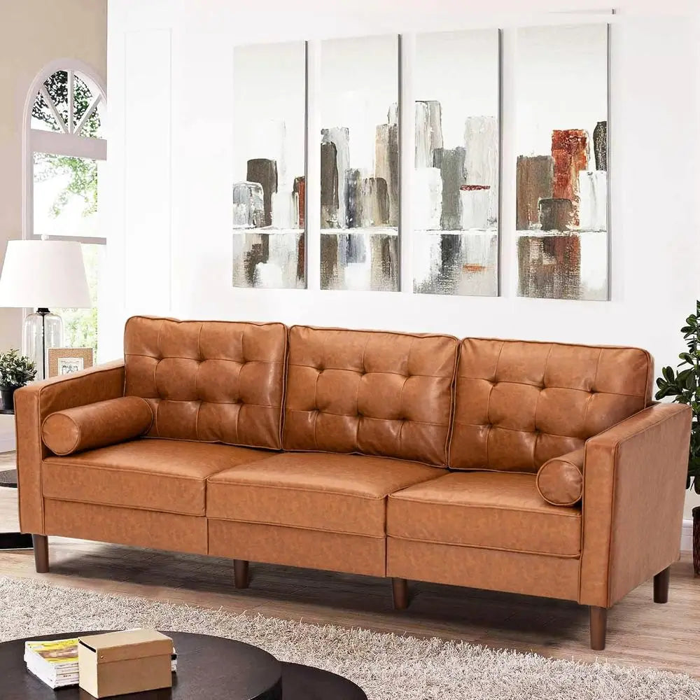 Brown Premium 3-Seater Faux Leather Sofa with Tufted Back & 2 Pillows for Living Spaces