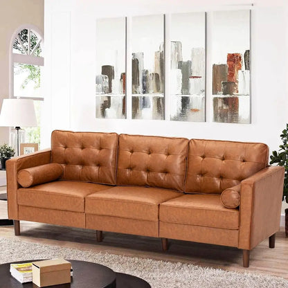 Brown Premium 3-Seater Faux Leather Sofa with Tufted Back & 2 Pillows for Living Spaces