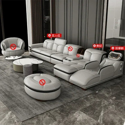 Premium Smart leather sofa massage for left and right noblewomen, cowhide solid wood living room corner small unit