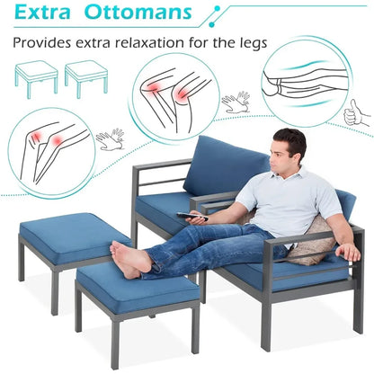 Aluminium modern patio furniture with coffee table, 7-piece outdoor conversation set, dark grey cushions, suitable for balcony