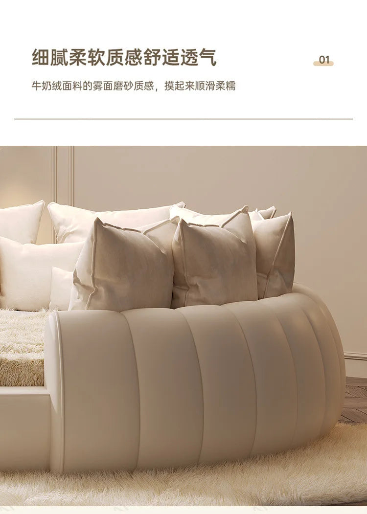 X 2.2×2m Master Bedroom Big Round Bed Modern Hotel Guest House Cream Wind Luxury White Leather Full Bed Frame Lazy Cloud Section