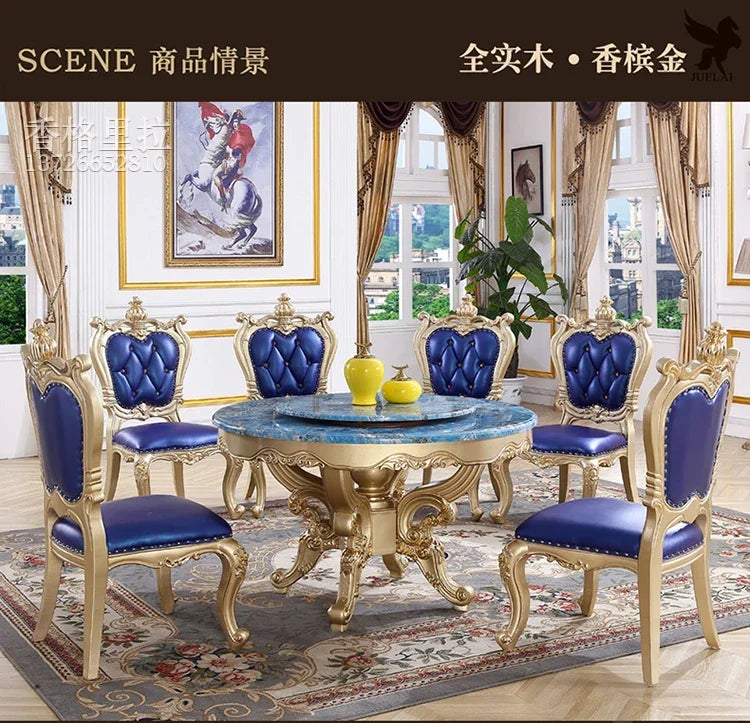 A55 European dining table andchairs American marble round table with turntable solid wood carving flower luxury champagne gold r