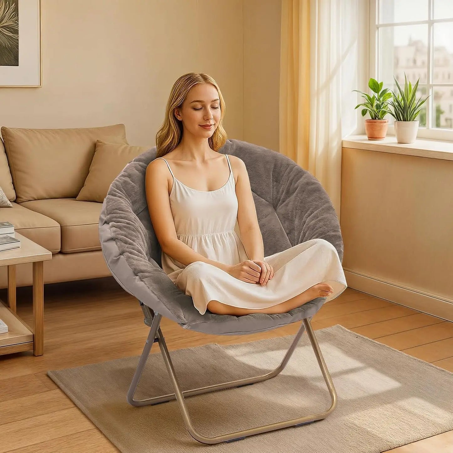 Comfy Saucer Chair Folding Faux Fur Accent Chair Metal Frame Bedroom Living Room Reading Moon Chair, Custom