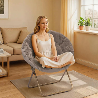Comfy Saucer Chair Folding Faux Fur Accent Chair Metal Frame Bedroom Living Room Reading Moon Chair, Custom