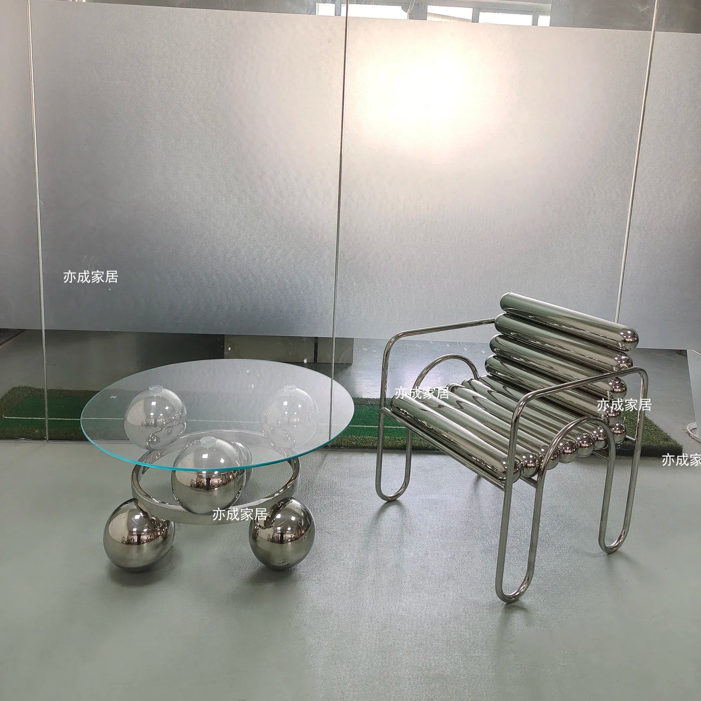 JJJJLight Luxury Minimalist Clothing Store Mirror Stainless Steel Coffee Table Stool Chair