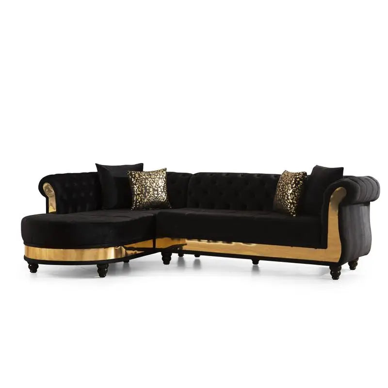 Black Tufted Upholstered Sectional Sofa with Wood Frame