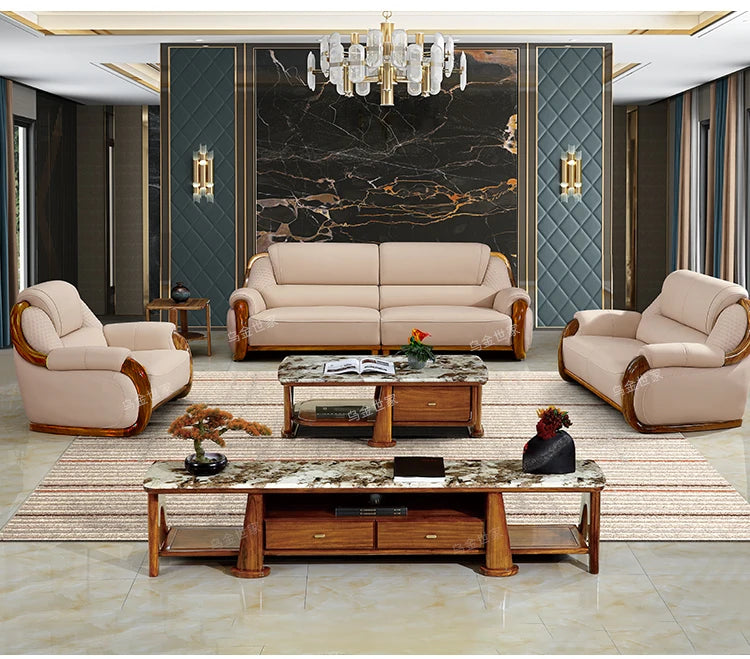FY Ebony Wood Genuine Leather Sofa Solid Wood Sofa Living Room New Model