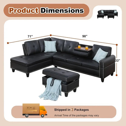 Sectional Couches for Living Room L Shaped Couch 3-Piece Sectional Sofa Set for Living Room and Small Apartment, Classic Black