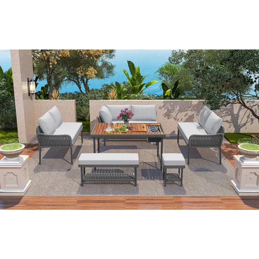KK 6Piece Rope Patio Furniture LShaped Set Outdoor Sectional Sofa Set with Acacia Wood Table with Ice Box Rope Benches Rope Con