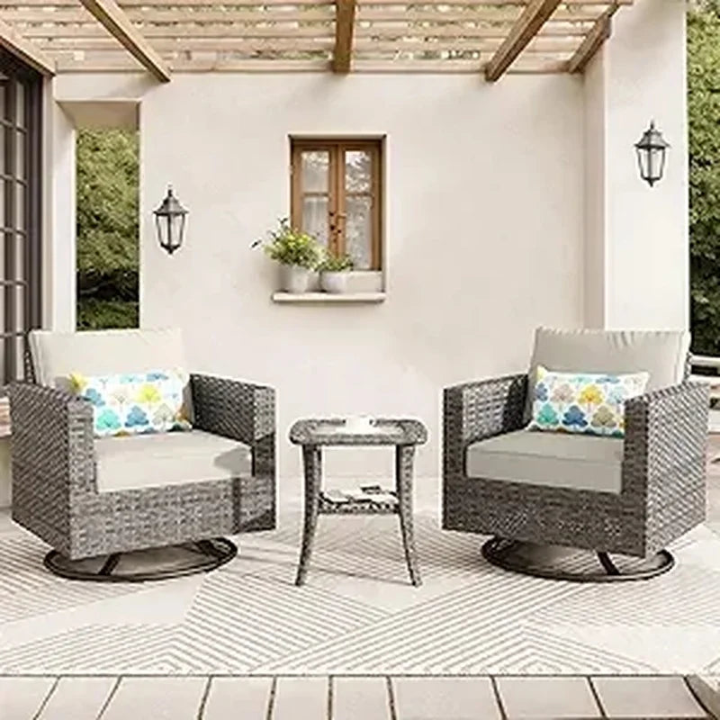 3-Piece Outdoor Swivel Chair Set with Cushions, Rattan Rocking Chairs and Side Table, Comfortable Patio Glider Furniture