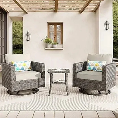 3-Piece Outdoor Swivel Chair Set with Cushions, Rattan Rocking Chairs and Side Table, Comfortable Patio Glider Furniture