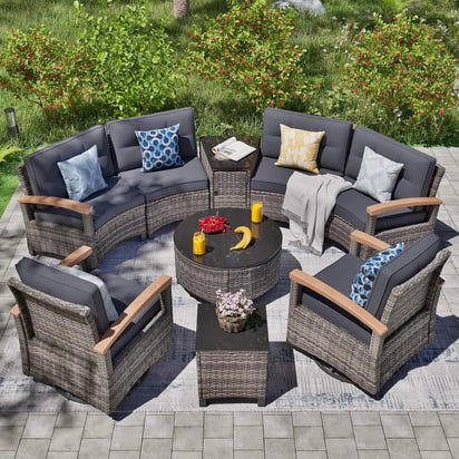 PatioLix 9 Piece Outdoor Patio Furniture Set, Half-Moon Curved Sectional Set with Wood Armrests, Patio Conversation Set, Tempered Glass
